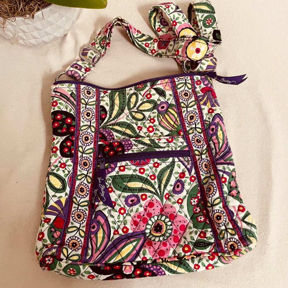 Vera Bradley Quilted Crossbody Bag in Multi Floral Print with Purple Trim
